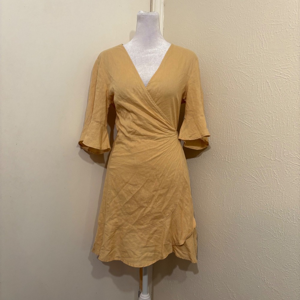 Glassons Mustard Yellow Linen Blend Wrap Mini Dress Bell Sleeve Ruffle Size 8